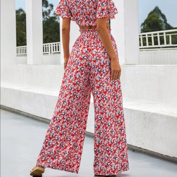 Boho Floral Print Twist Front Top Butterfly Sleeve Wide Flare Leg palazzo Pants - Picture 3 of 10
